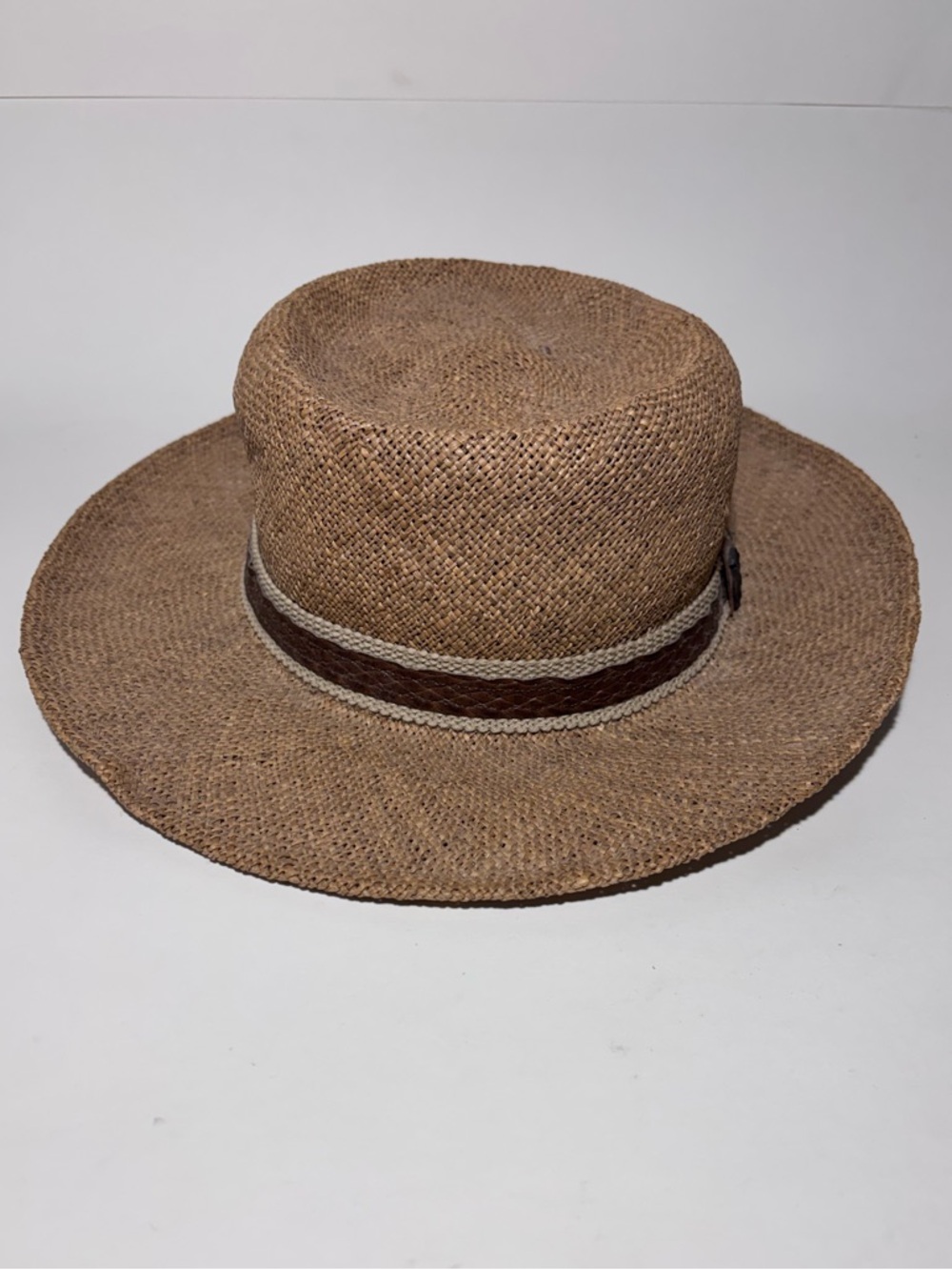 Vintage A. Adams & Spire Natural Woven Straw Sun Hat Brown Leather Trim Size M